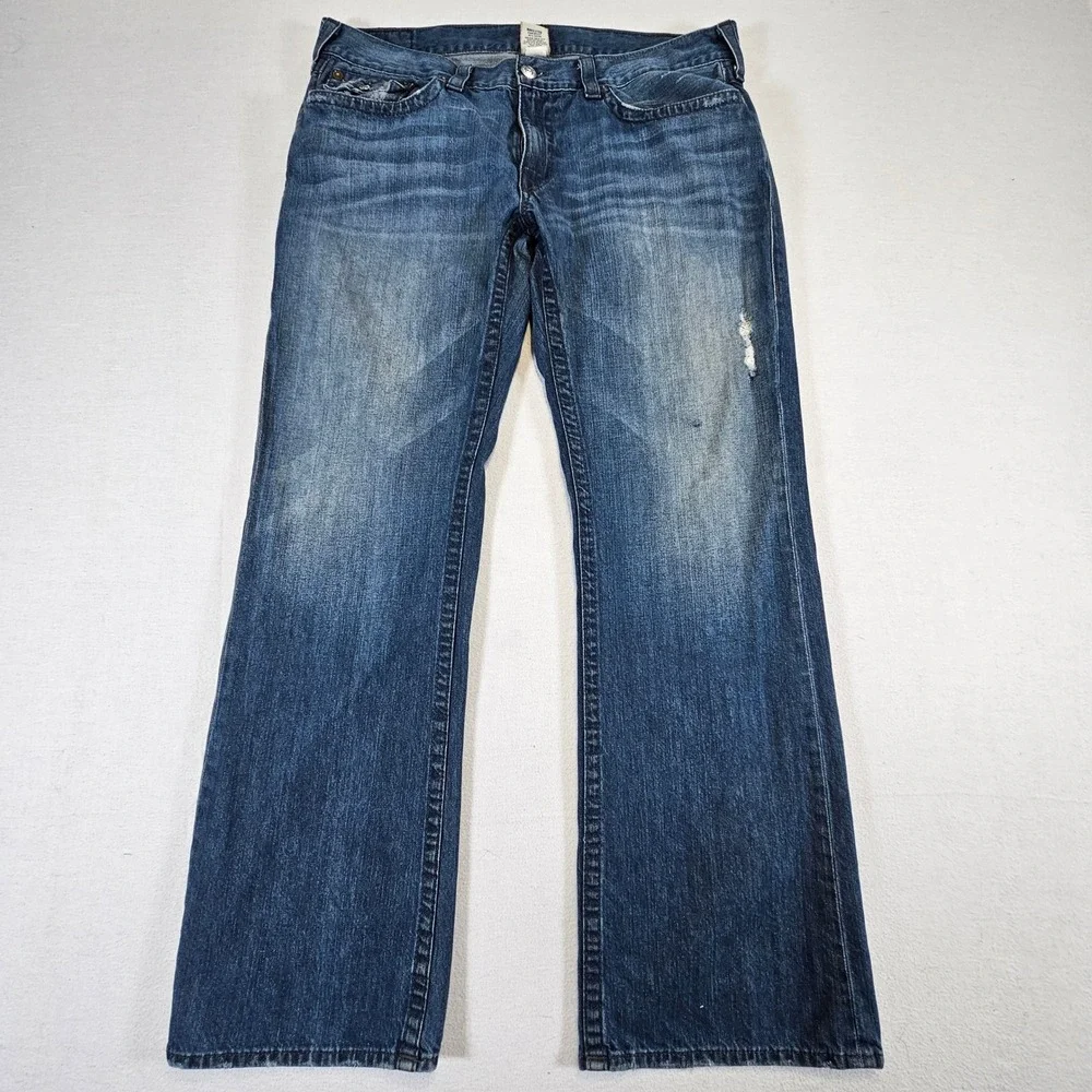 True Religion Mens Boot Cut Jeans Blue Distressed Graphic Back Pocket 40 USA